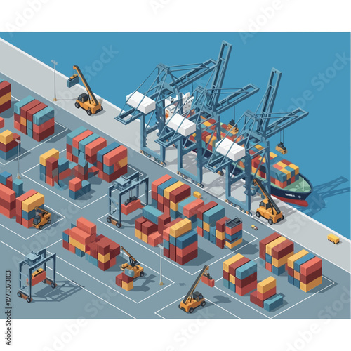 Isometric Port Scene with Cranes and Cargo Containers.