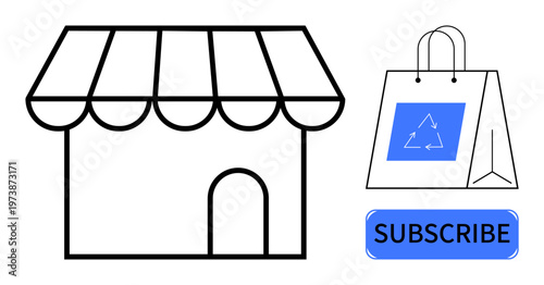 E-commerce, subscriptions, sustainability, retail, reusable packaging, online shopping. Storefront icon with a shopping bag a recycle symbol and a subscribe button. E-commerce and subscription