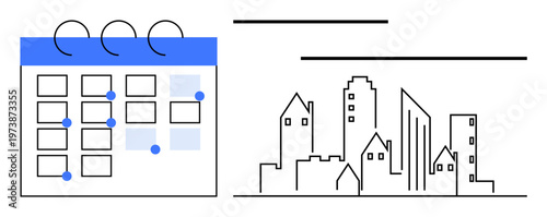 Project planning, event scheduling, urban development, architecture, city organization, timelines. A calendar with marked dates and a city skyline. Event scheduling and urban development concept