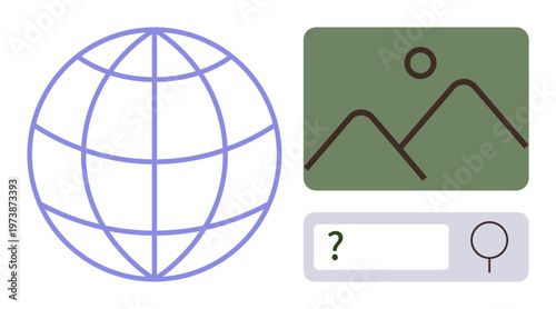 Online search, data retrieval, digital maps, global navigation, image recognition, technology. Image shows a globe, landscape icon and search bar. Online search and data retrieval concept