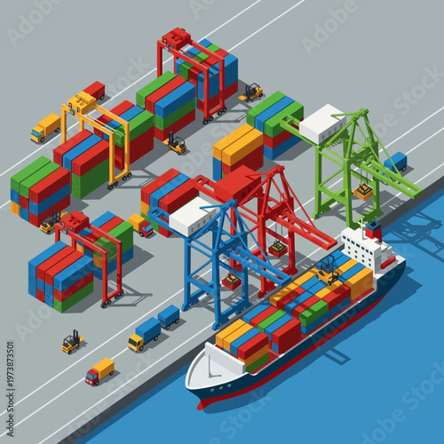 Isometric Cargo Ship Unloading Containers at Port Terminal.