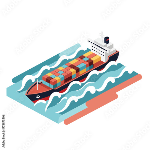 Isometric Cargo Ship with Containers Navigating Ocean Waters.