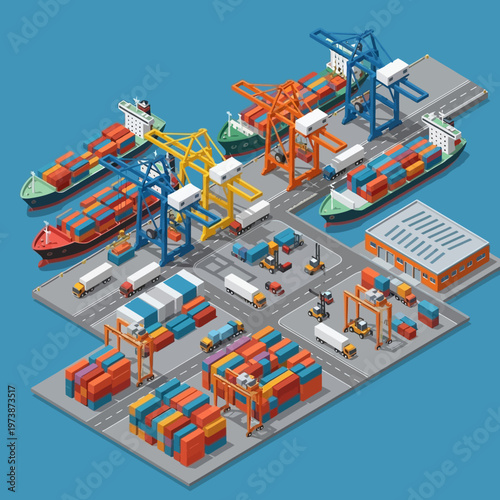 Isometric Port Scene - Cargo Ships, Cranes, and Container Stacks.