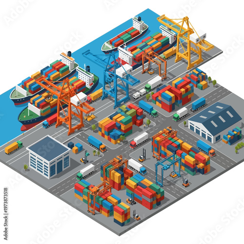 Isometric Port with Container Ships and Cranes.