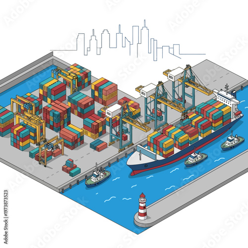 Isometric Illustration of a Busy Container Port with Cargo Ship.
