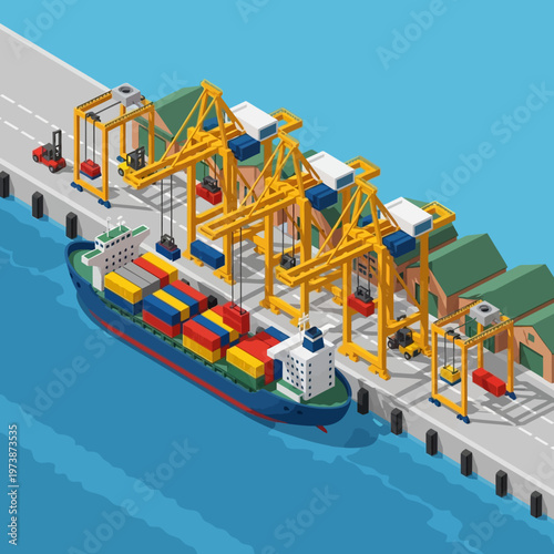 Cargo Ship Unloading Containers at Port with Cranes.