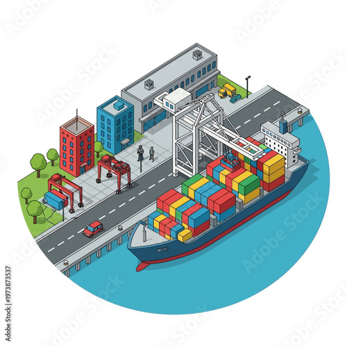 Isometric Cargo Ship at Port with Containers and Cranes.