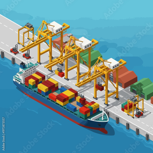 Isometric Cargo Ship Unloading at Port Terminal with Cranes.