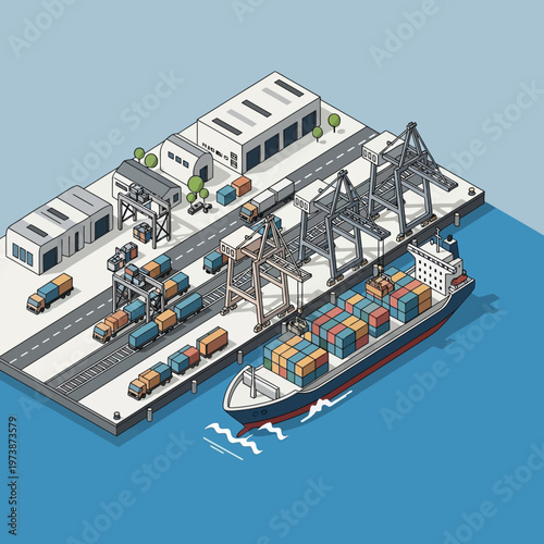 Isometric Port Scene with Cargo Ship and Cranes.