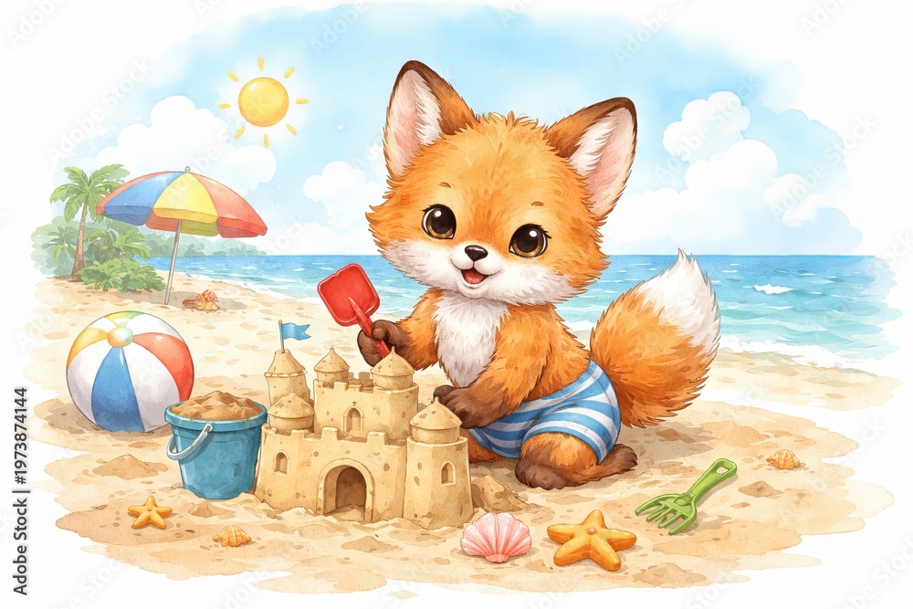 Fototapeta premium Cute baby fox building sandcastle on tropical beach. Watercolor illustration of little animal playing with toys and ball during summer vacation. Childish cartoon character for holiday greeting card