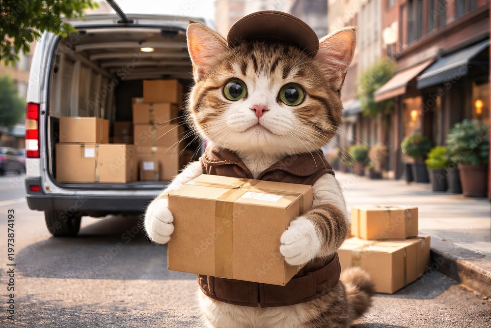 Fototapeta premium Cute cat courier holding parcel box near delivery van. Illustration of animal worker providing home shipping service
