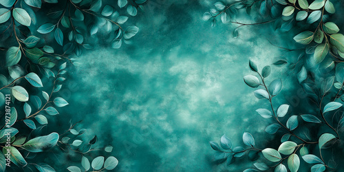 A blue background with green leaves and a sky