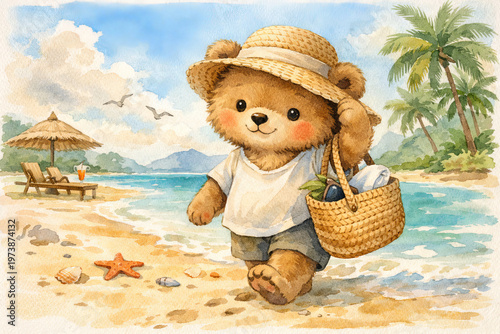bear walking on beach sand with straw hat and wicker basket. Watercolor illustration of cute animal enjoying summer vacation at tropical seaside. Travel, leisure and holiday concept for kids