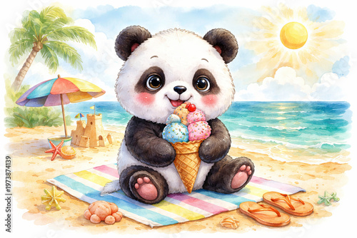 Watercolor illustration of cute baby panda eating ice cream on tropical beach. Summer vacation concept with sandy shore, sun and palm