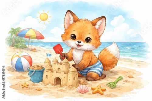 Cute baby fox building sandcastle on tropical beach. Watercolor illustration of little animal playing with toys and ball during summer vacation. Childish cartoon character for holiday greeting card