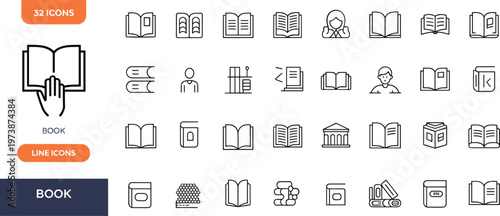 Book line icons set, reading, education, library, knowledge, study materials, literature, learning concept, editable stroke vector illustration collection