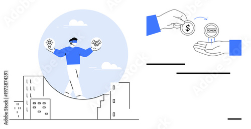 Blockchain technology, digital currency, fintech trends, modern investments, innovative business, token exchange. Person balancing lightbulb and tokens above a cityscape. Blockchain technology