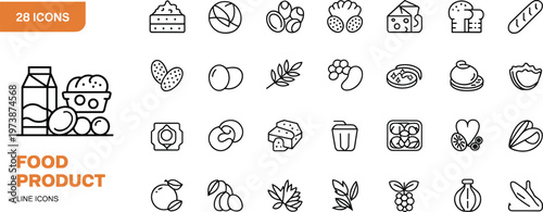 Food product line icons set, grocery outline symbols for dairy, bakery, fruits, vegetables, organic nutrition, market items and healthy eating concept