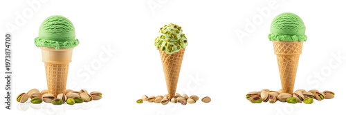 Pistachio Ice Cream Cone with pistachios (Pistacia vera) on white floor. SEO: Premium Pistachio Gelato, Helado de Pistacho, Pistazieneis, Nutty Mediterranean Dessert, Salty Sweet Snack.