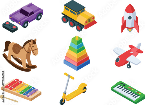 Isometric kids toys collection, colorful 3D play objects including vehicles, rocket, airplane, musical instruments and educational stacking toys for children