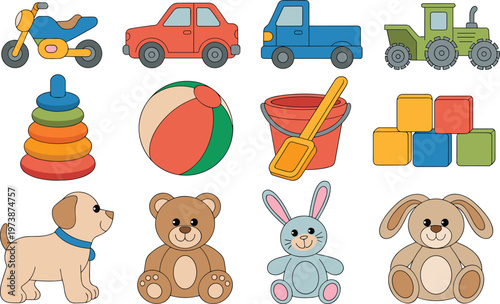 Kids toys illustration set, colorful cartoon objects including vehicles, animals, blocks, beach toys and educational play items for children design
