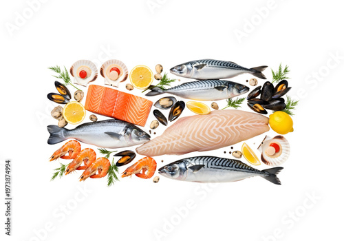 Fresh raw seafood and fish assortment png on transparent background