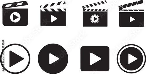 Video Clapperboard Icons: A collection of various video clapperboard and play button icons, embodying the cinematic experience, representing media and the film industry.png
