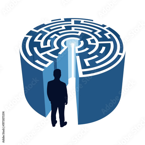 A man standing in front of a maze with an open door.