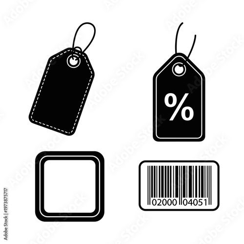 Black price tags and barcode labels.