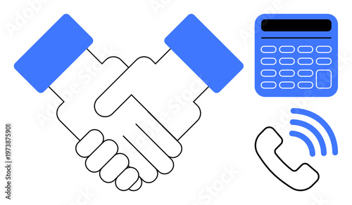 Business deals, teamwork, communication, financial planning, customer service, networking. Handshake, calculator phone icon in blue and black. Business deals and teamwork clearly