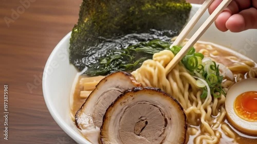 Close-up of Delicious Ramen Bowl with Pork, Egg, and Noodles