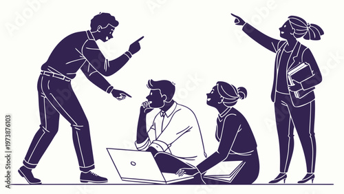 A vector graphic illustration of four people in a workplace setting with one person pointing and scolding another while two others look on