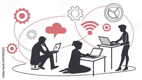 A vector graphic illustration of three people working on laptops with cloud computing and Wi-Fi symbols around them