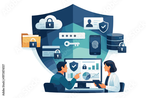 Digital security concept with people analyzing data and icons of protection