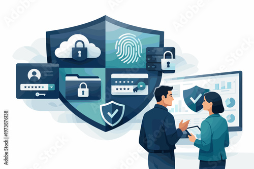 Digital security concept with people discussing data protection and cybersecurity measures