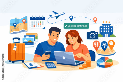 Couple planning a vacation online using laptop and phone with travel icons