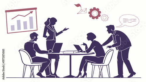 A minimalist vector illustration of a business team collaborating around a table with laptops and a graph