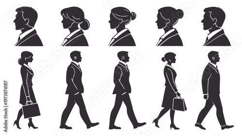 A set of minimalist business silhouettes walking and facing sideways in black and white