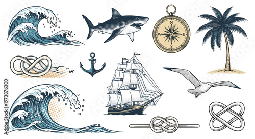 Nautical maritime elements collection waves shark ship anchor compass palm tree