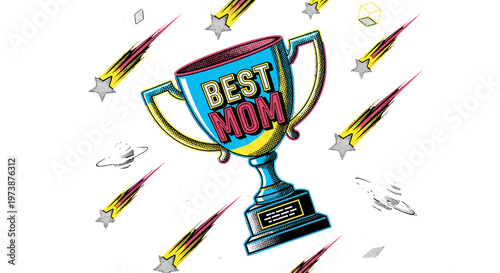 Best mom trophy with shooting stars and butterflies celebrating maternal
