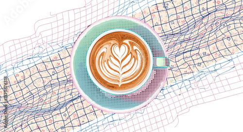 Artistic latte coffee cup with heart shape foam art on colorful abstract background