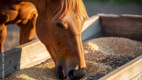 Close-up of a brown horse eating grain from a wooden trough in warm sunlight