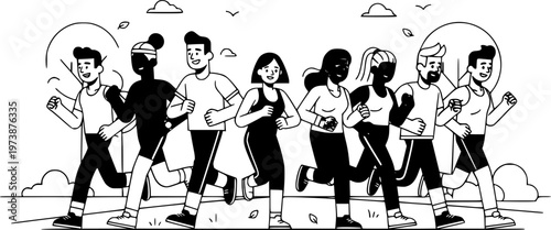 Diverse Running Community Vector Illustration, Inclusive Fitness Group Jogging in Urban Park for Social Media