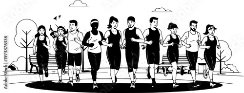 Diverse Running Community Vector Illustration, Inclusive Fitness Group Jogging in Urban Park for Social Media
