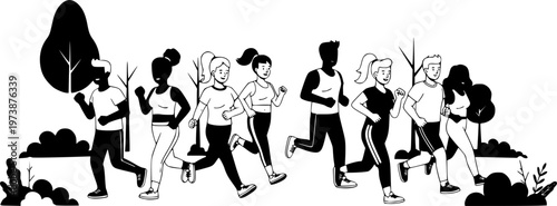 Diverse Running Community Vector Illustration, Inclusive Fitness Group Jogging in Urban Park for Social Media