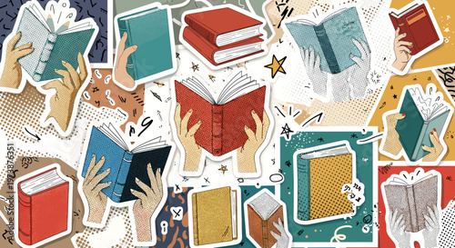 Collage of hands holding open books educational concepts knowledge acquisition