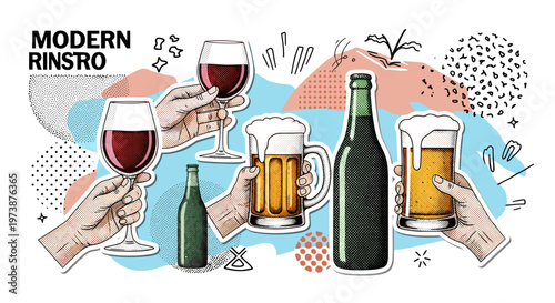 Hands holding glasses of red wine and mugs of beer bottles abstract shapes party
