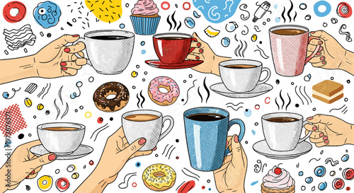 Creative hands holding coffee cups and doughnuts whimsical doodle art style