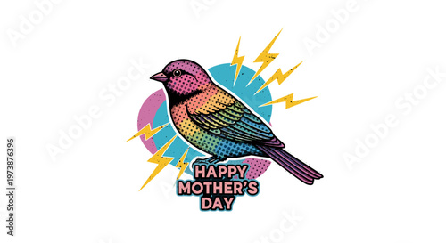 Vibrant rainbow bird with happy mother's day text and abstract geometric background