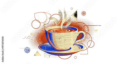 Steaming hot beverage in artistic cup and saucer with abstract background elements